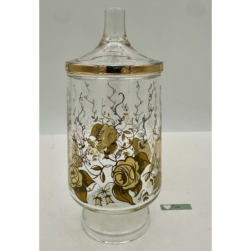 Vintage Gold Floral Glass Apothecary Jar w/ Lid Pedestal Base 10.5”